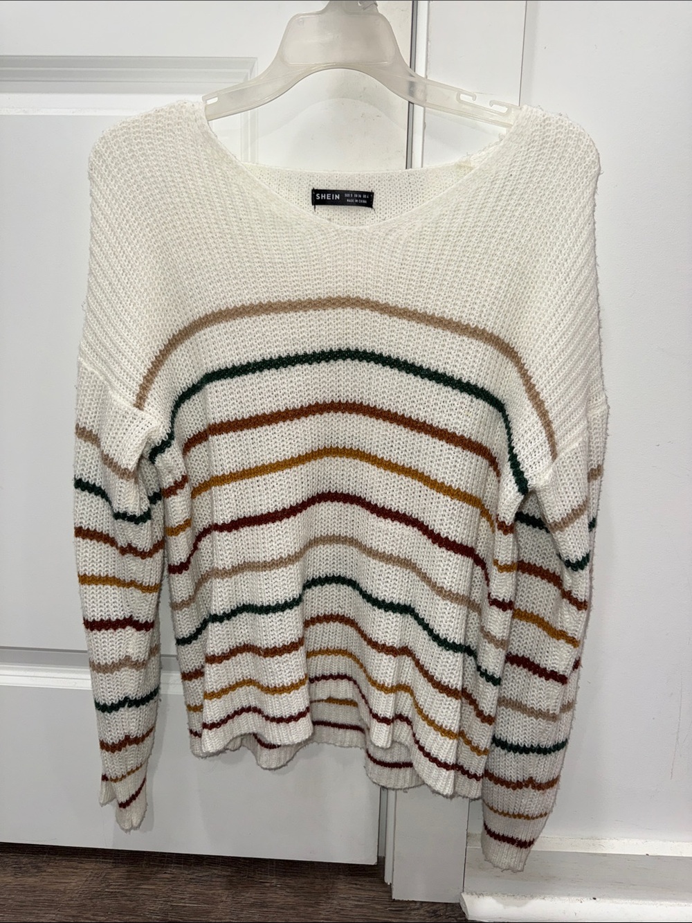 SHEIN Cream Knit Crewneck Sweater with Multicolor Stripes